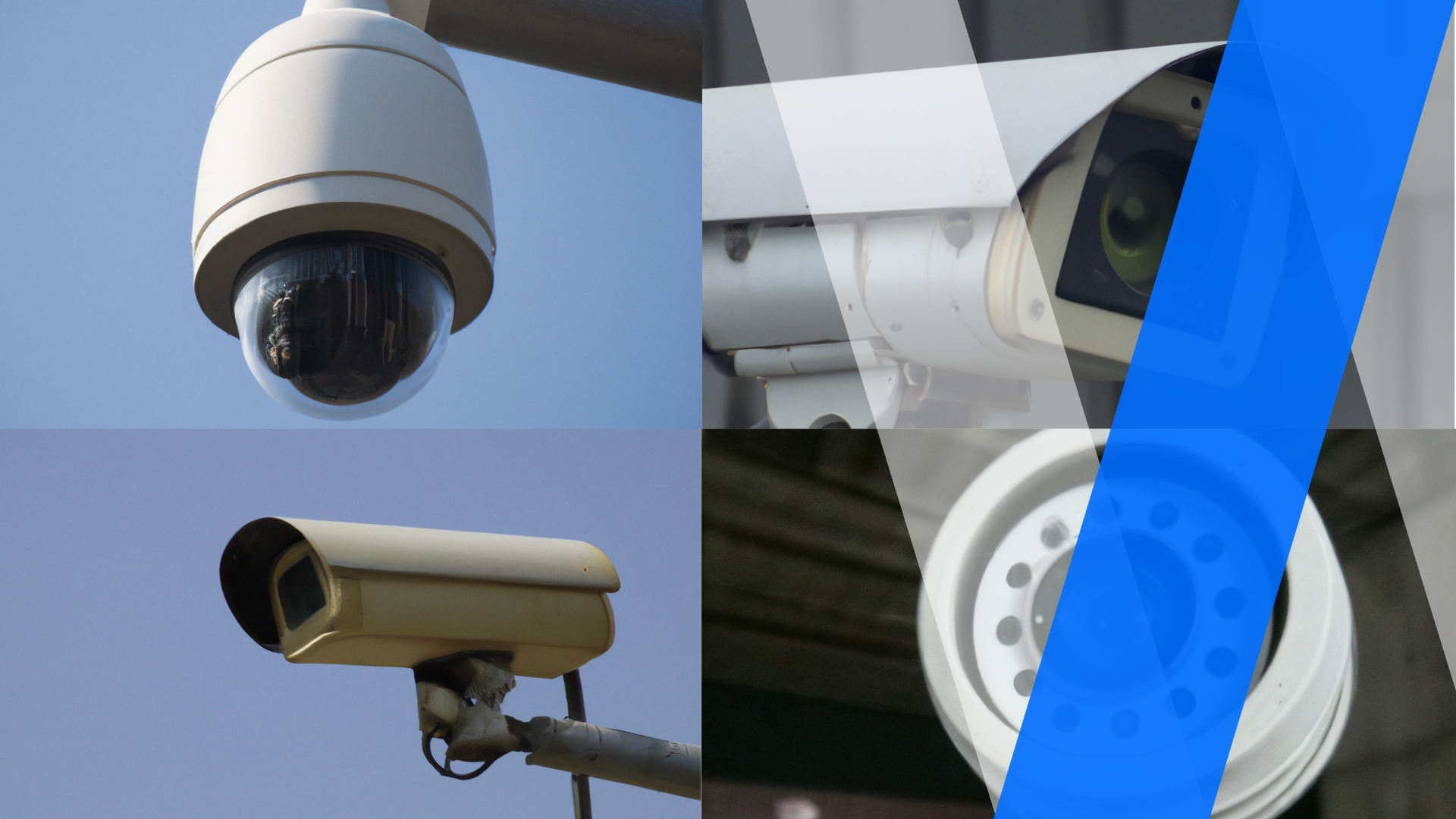 Montage de quatre types différents de caméras de sécurité sur fond de ciel bleu, chacune représentant une évolution dans la technologie de la vidéosurveillance.